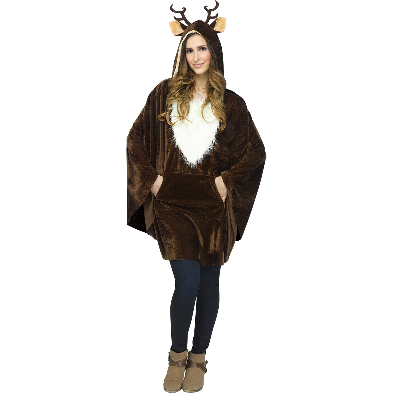 Fun World Brown and White Pullover Reindeer Poncho with Antlers Women Adult Christmas Costume - One Size